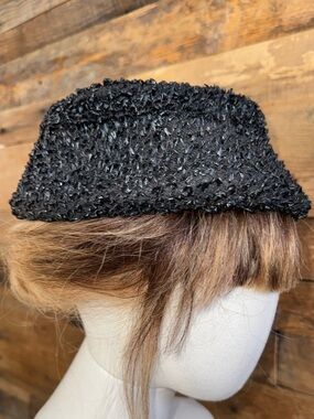 Vintage Favorette Raffia Black Woven Pillbox Hat 1950s Mid Century Modern MCM